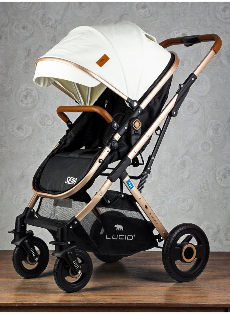 لوسيد عربة أطفال سينا، عربة أطفال فاخرة بمظلة وغطاء جلد من لوسيد أبيض - Image 3